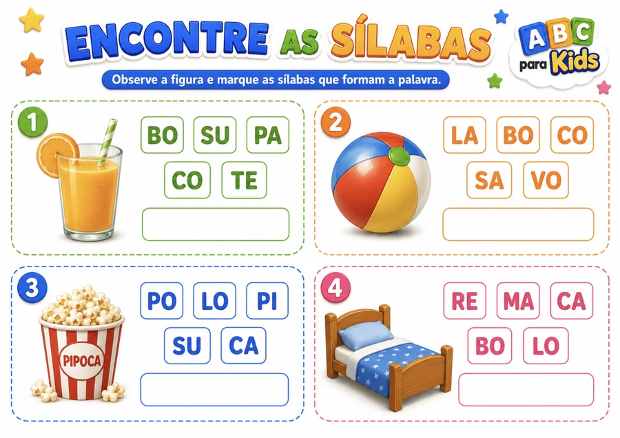 Atividade Encontre as Sílabas, ABC para Kids